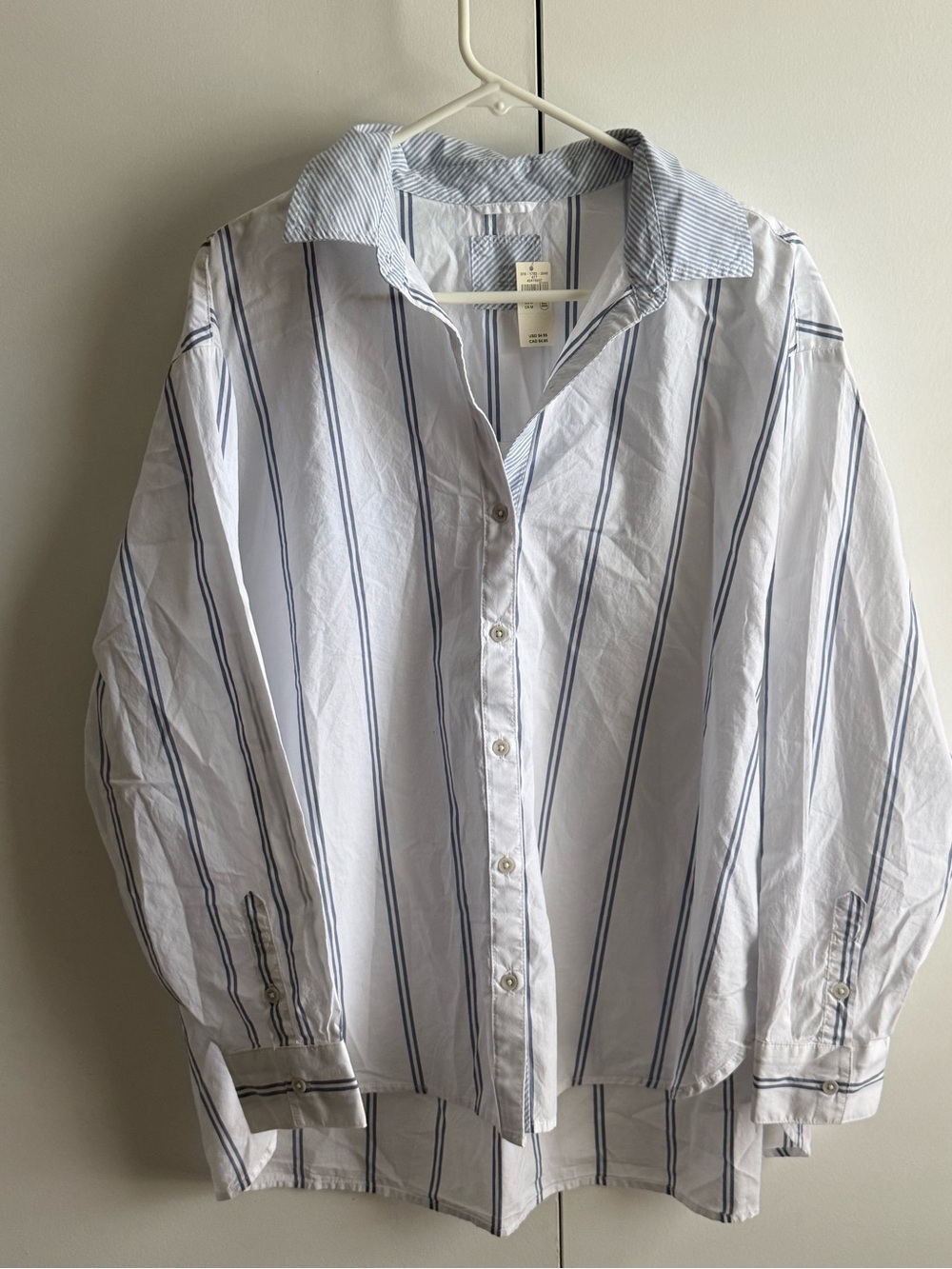 aerie White Button-Down Shirt with Blue Stripes